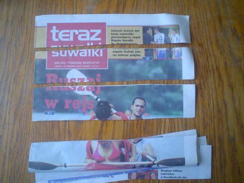 wycięte paski z gazety ok. 5cm - koszyk