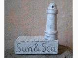 drewniana LATARNIA na podstawce z napisem Sun &amp;amp; Sea - w całości wykonana ręcznie - Shabby